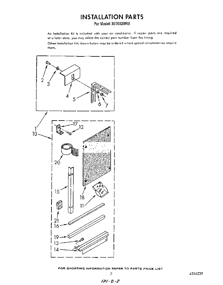 INSTALLATION Diagram and Parts List for X07002W00  Roper Air Conditioner