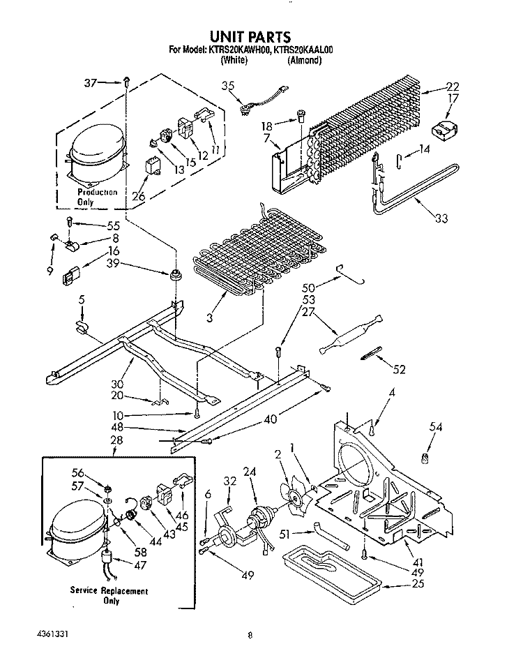 UNIT Diagram and Parts List for KTRS20KAWH00  KitchenAid Refrigerator