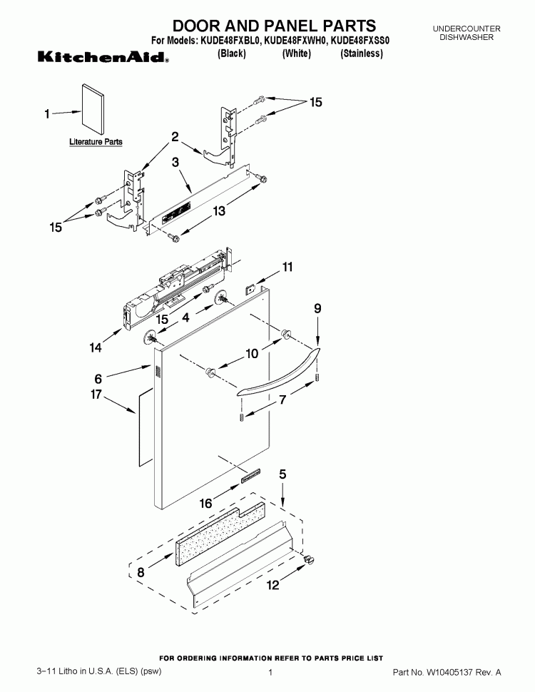 DOOR AND PANEL PARTS Diagram and Parts List for KUDE48FXBL0  KitchenAid Dishwasher