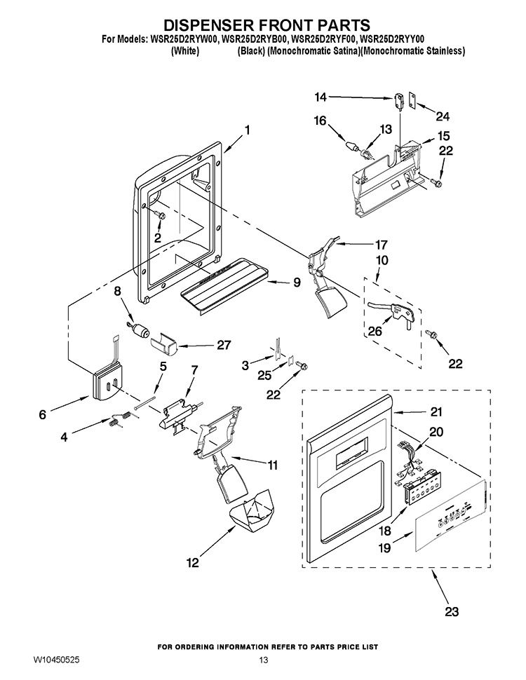 DISPENSER FRONT PARTS Diagram and Parts List for WSR25D2RYW00  Whirlpool Refrigerator