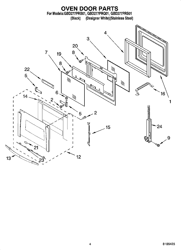OVEN DOOR PARTS Diagram and Parts List for GBD277PRB01  Whirlpool Wall Oven