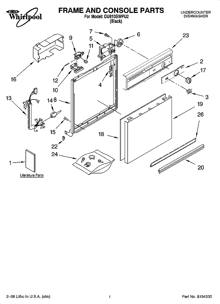 FRAME AND CONSOLE PARTS Diagram and Parts List for DU810SWPU2  Whirlpool Dishwasher