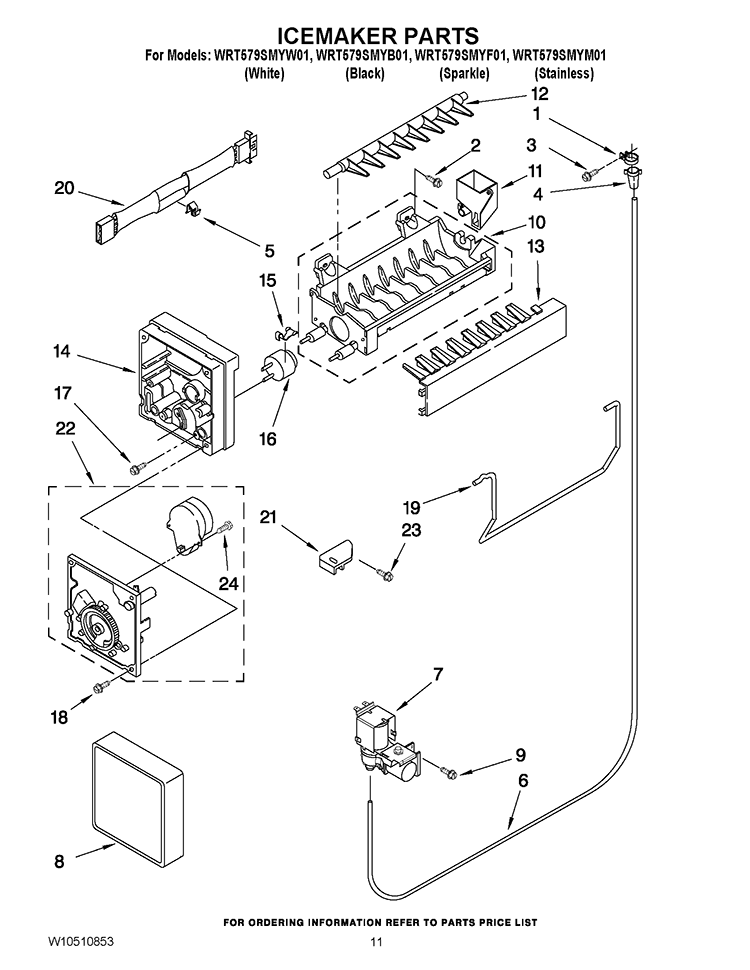 ICEMAKER PARTS Diagram and Parts List for WRT579SMYW01  Whirlpool Refrigerator