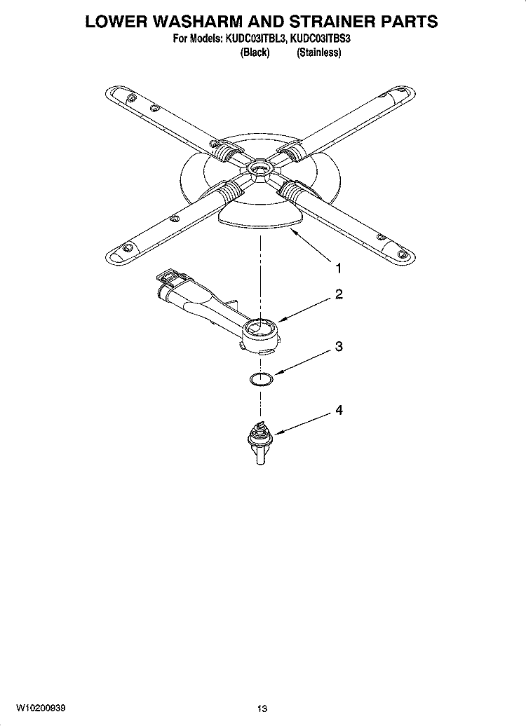 LOWER WASHARM AND STRAINER PARTS, OPTIONAL PARTS (NOT INCLUDED) Diagram and Parts List for KUDC03ITBS3  KitchenAid Dishwasher