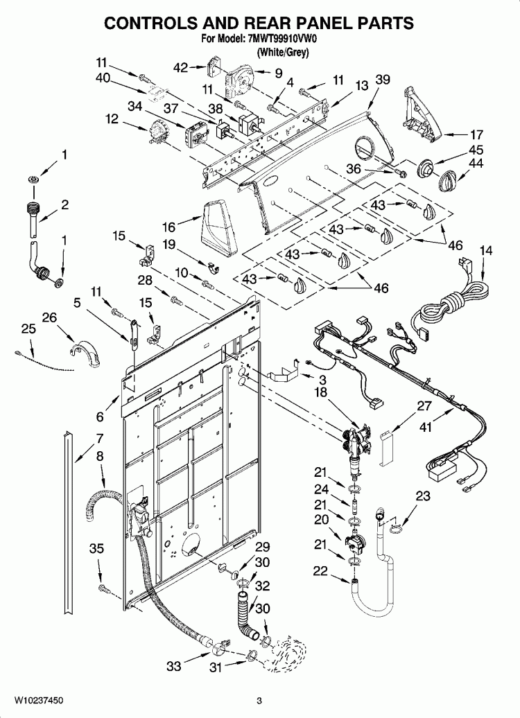 CONTROLS AND REAR PANEL PARTS Diagram and Parts List for 7MWT99910VW0  Whirlpool Washer