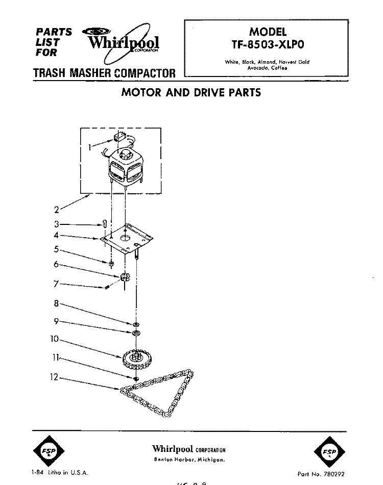 MOTOR AND DRIVE , LIT/OPTIONAL Diagram and Parts List for TF8503XLP0  Whirlpool Trash Compactor