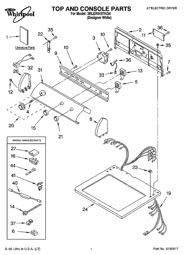 TOP AND CONSOLE PARTS Diagram and Parts List for 3RLER5437KQ4  Whirlpool Dryer