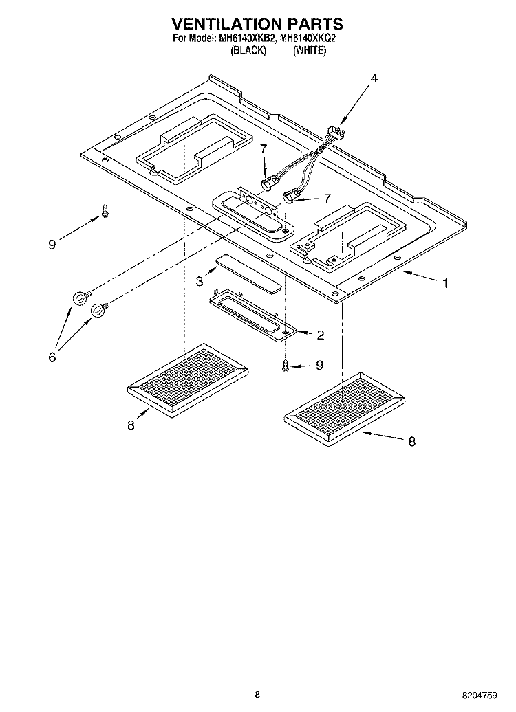 VENTILATION PARTS Diagram and Parts List for MH6140XKQ2  Whirlpool Microwave