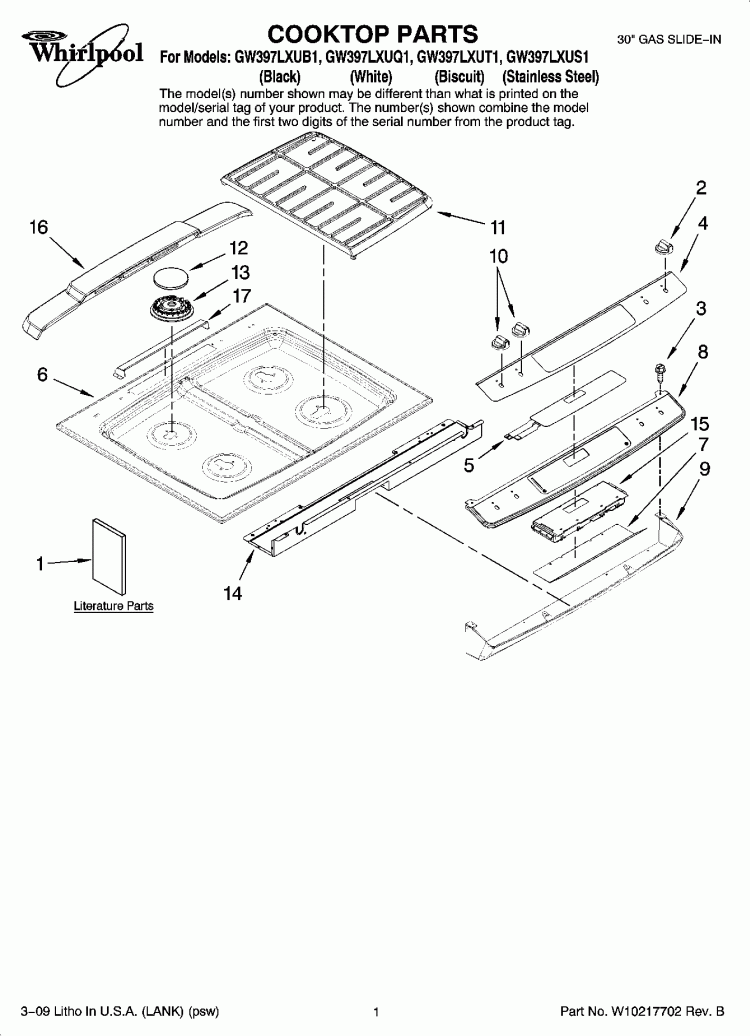 COOKTOP PARTS Diagram and Parts List for GW397LXUB1  Whirlpool Range