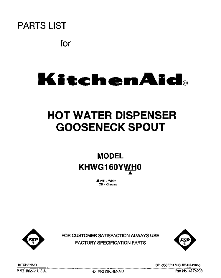 SECTION Diagram and Parts List for KHWG160YCR0  KitchenAid Miscellaneous