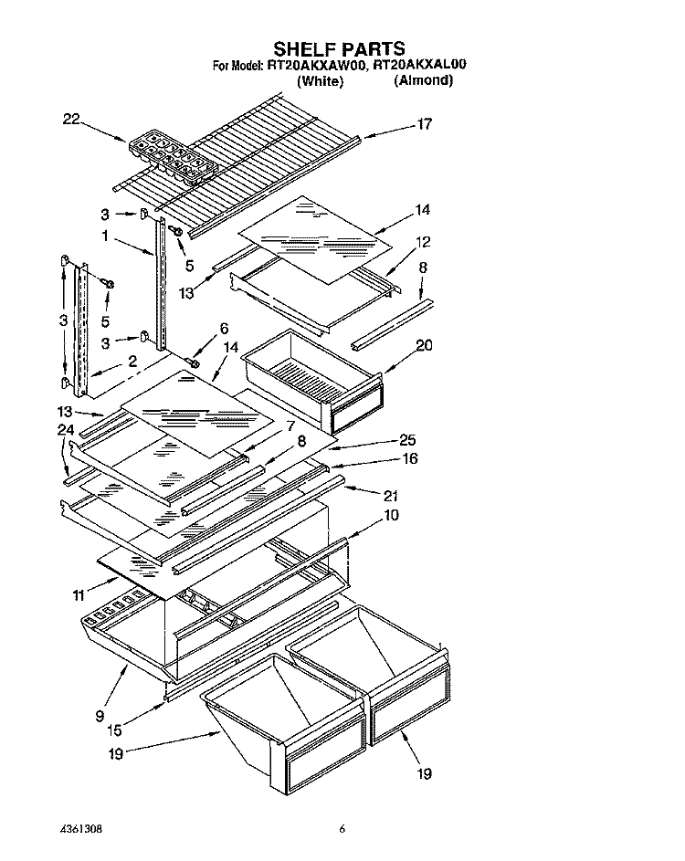 SHELF Diagram and Parts List for RT20AKXAW00  Roper Refrigerator