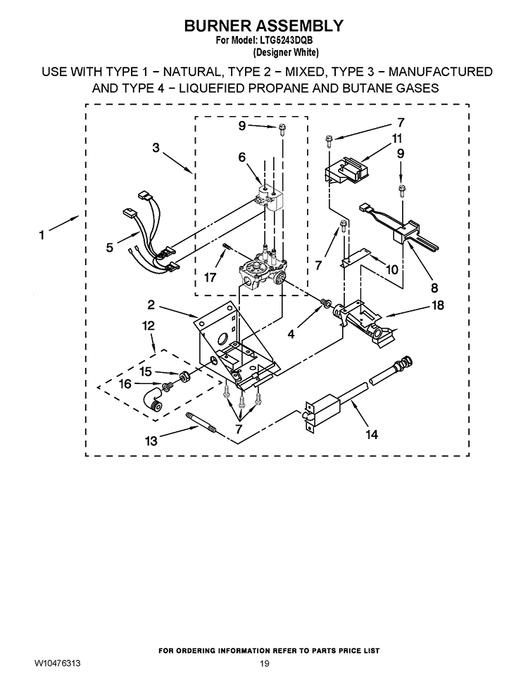 BURNER ASSEMBLY Diagram and Parts List for LTG5243DQB  Whirlpool Washer Dryer Combo