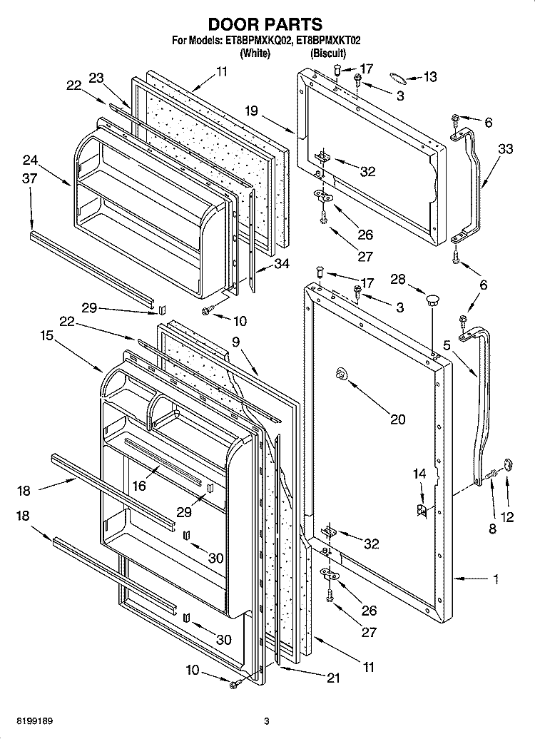 DOOR PARTS Diagram and Parts List for ET8BPMXKT02  Whirlpool Refrigerator