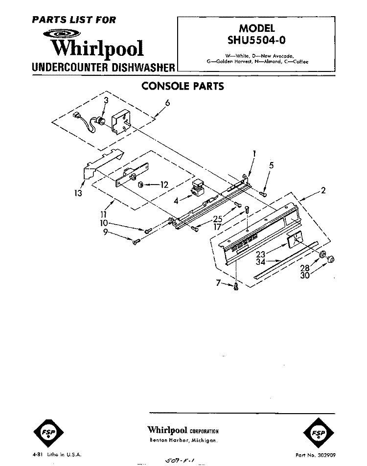 CONSOLE Diagram and Parts List for SHU55040  Whirlpool Dishwasher