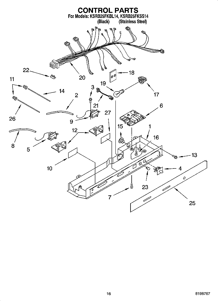 CONTROL PARTS Diagram and Parts List for KSRB25FKBL14  KitchenAid Refrigerator