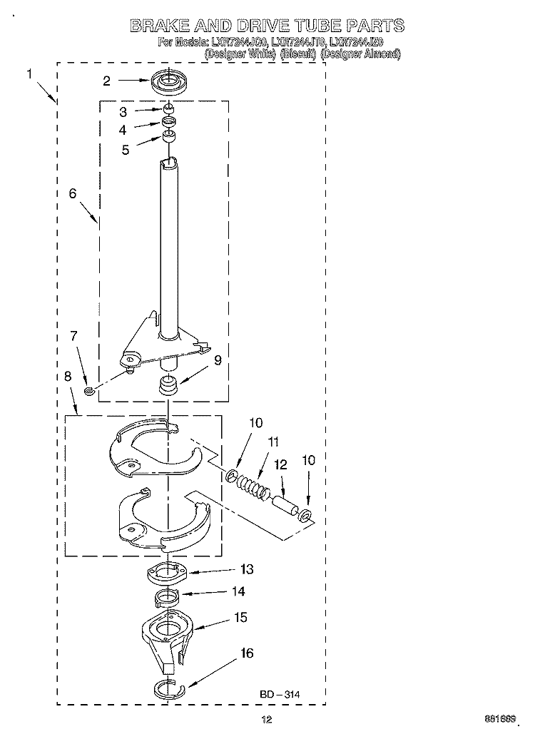 BRAKE AND DRIVE TUBE Diagram and Parts List for LXR7244JQ0  Whirlpool Washer