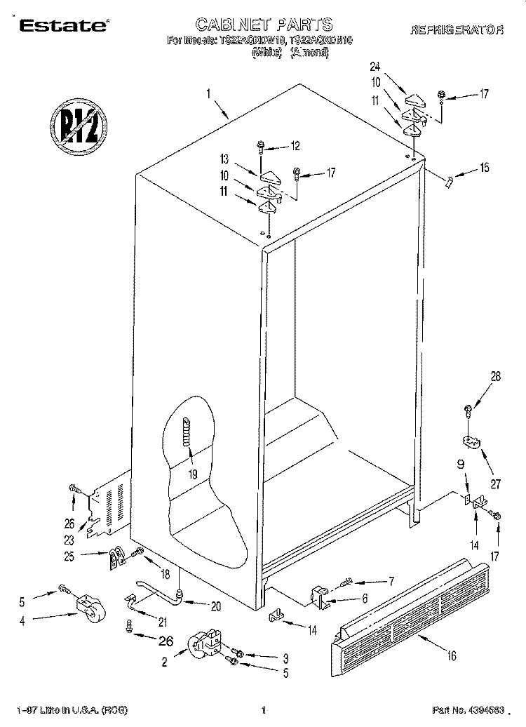 CABINET Diagram and Parts List for TS22AQXDW10  Whirlpool Refrigerator