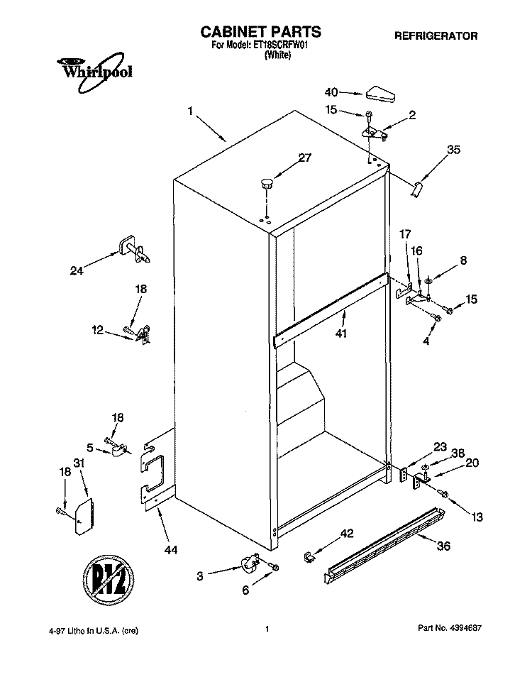 CABINET Diagram and Parts List for ET18SCRFW01  Whirlpool Refrigerator