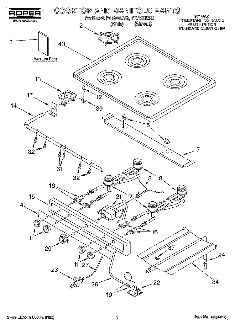 COOKTOP & MANIFOLD, LITERATURE Diagram and Parts List for FGP300EN2  Roper Range