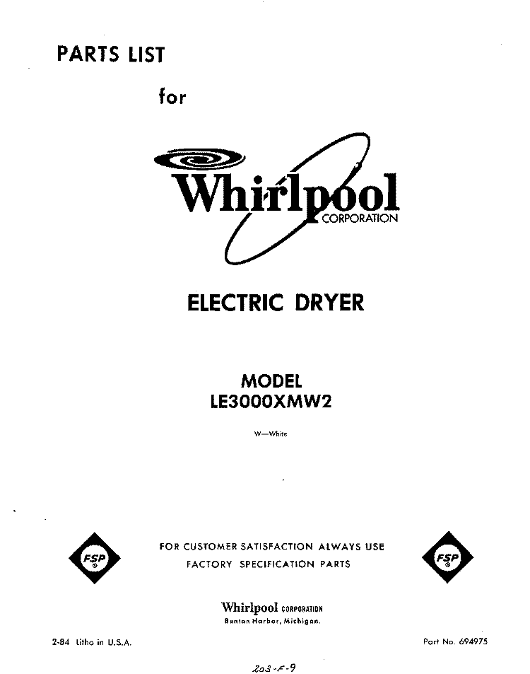 SECTION Diagram and Parts List for LE3000XMW2  Whirlpool Dryer