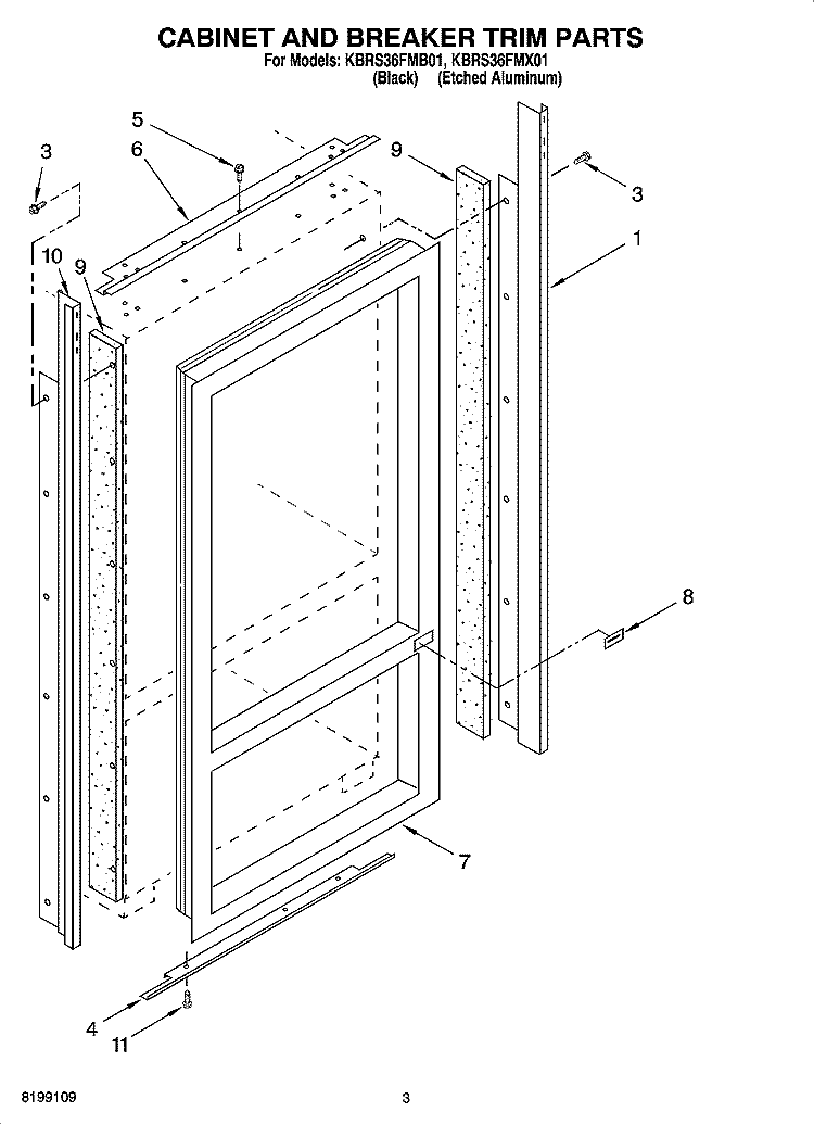 CABINET AND BREAKER TRIM PARTS Diagram and Parts List for KBRS36FMX01  KitchenAid Refrigerator