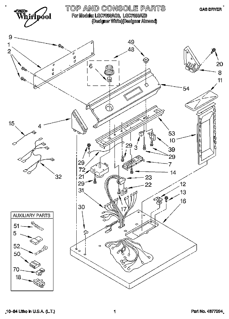 TOP AND CONSOLE, LIT/OPTIONAL Diagram and Parts List for LGC7858AZ0  Whirlpool Dryer