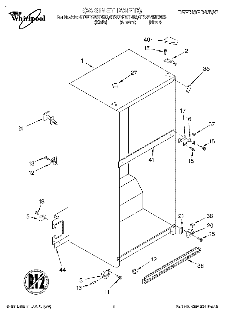 CABINET Diagram and Parts List for GT22DMXGN00  Whirlpool Refrigerator