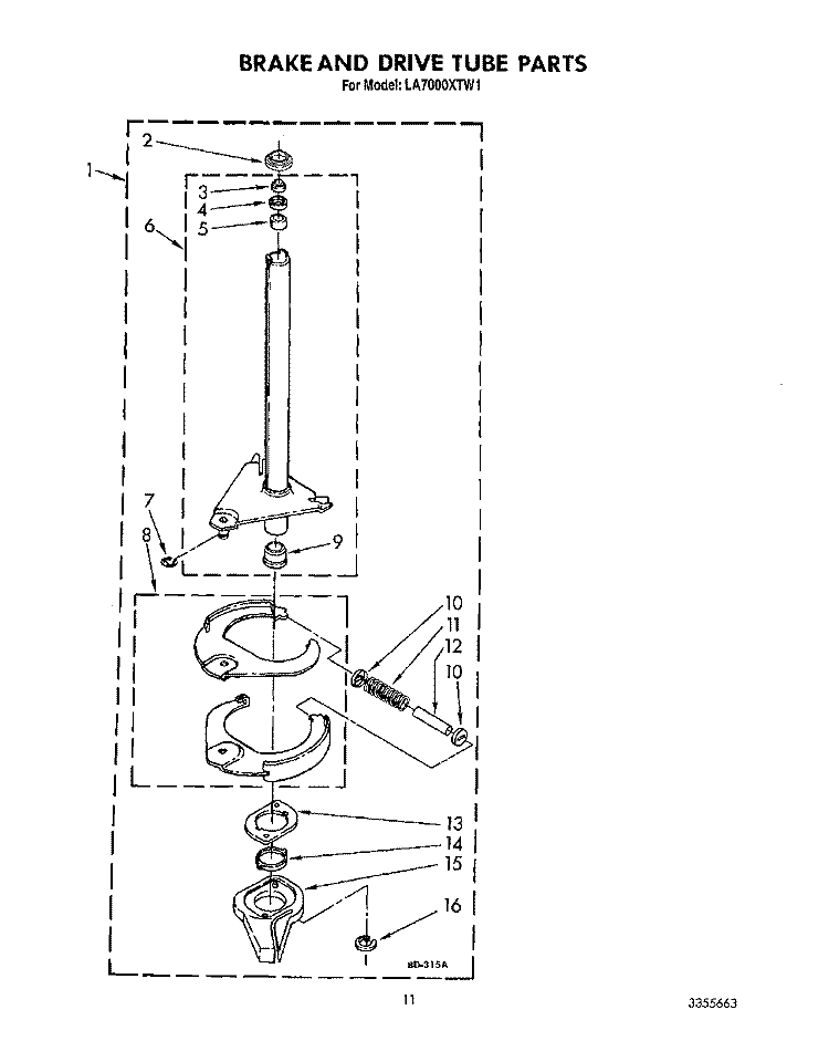 BRAKE AND DRIVE TUBE Diagram and Parts List for LA7000XTF1  Whirlpool Washer