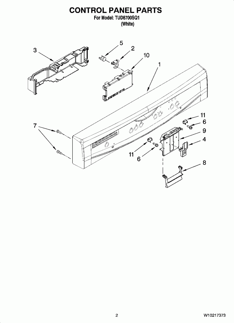 CONTROL PANEL PARTS Diagram and Parts List for TUD8700SQ1  Estate Dishwasher