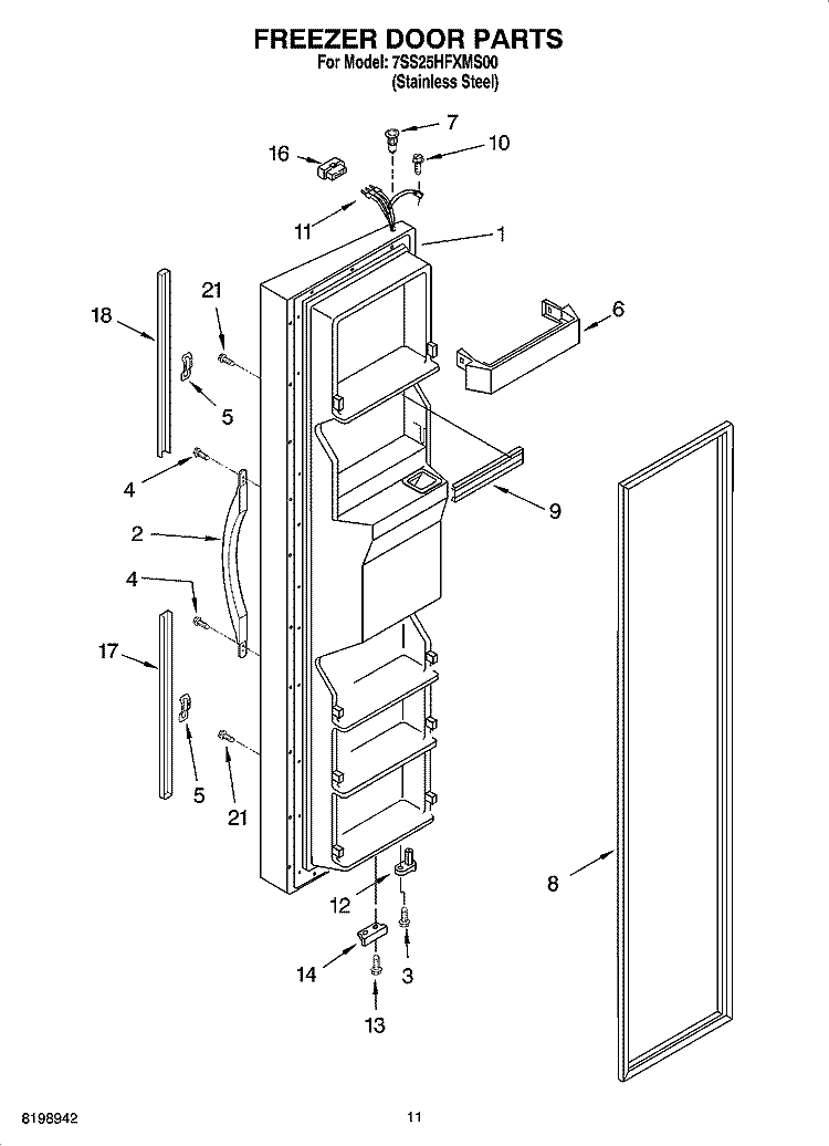FREEZER DOOR PARTS Diagram and Parts List for 7SS25HFXMS00  Whirlpool Refrigerator