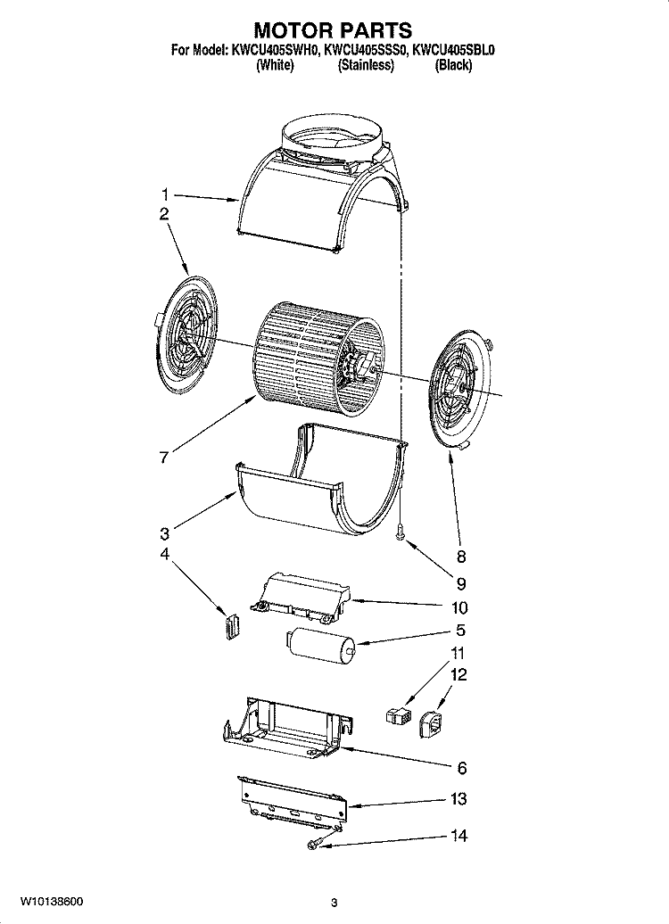 MOTOR PARTS Diagram and Parts List for KWCU405SSS0  KitchenAid Range Hood