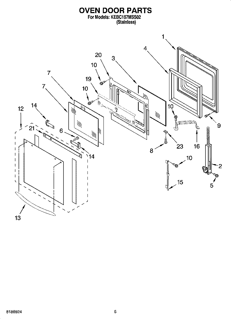 OVEN DOOR PARTS Diagram and Parts List for KEBC167MSS02  KitchenAid Wall Oven