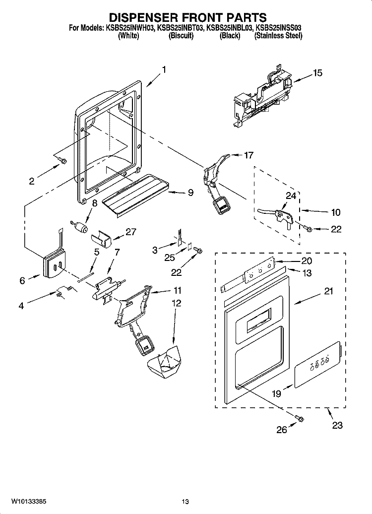 DISPENSER FRONT PARTS Diagram and Parts List for KSBS25INBL03  KitchenAid Refrigerator