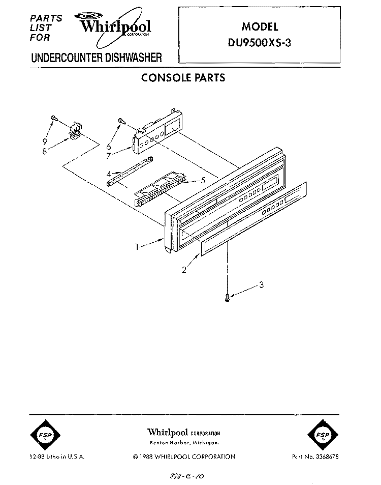 CONSOLE Diagram and Parts List for DU9500XS3  Whirlpool Dishwasher
