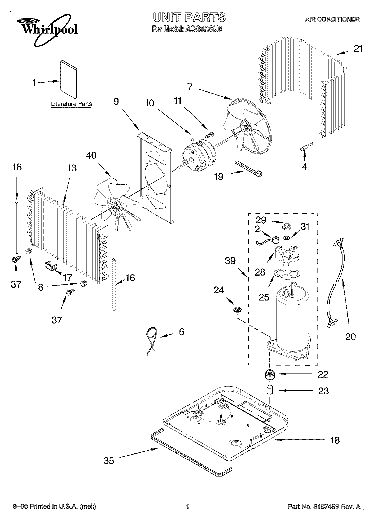 UNIT, LITERATURE Diagram and Parts List for ACG072XJ0  Whirlpool Air Conditioner