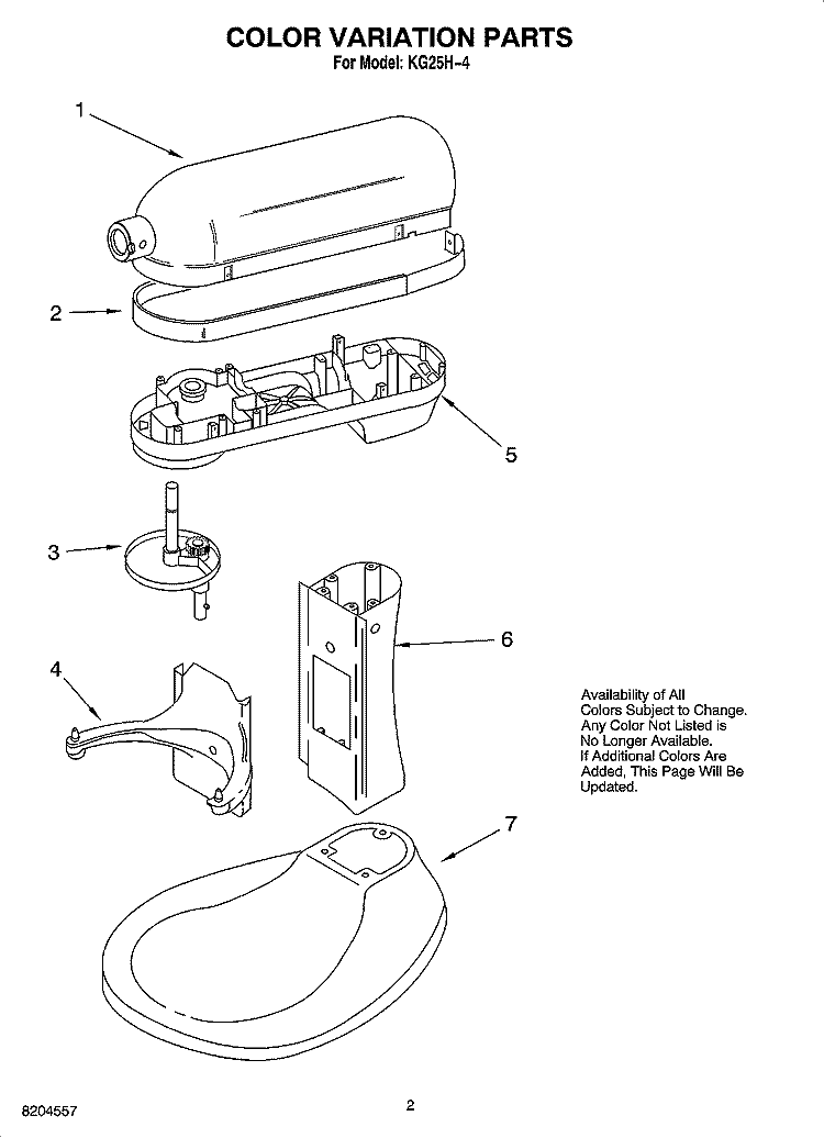 COLOR VARIATION PARTS Diagram and Parts List for KG25H-4  KitchenAid Mixer
