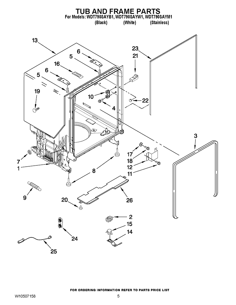 TUB AND FRAME PARTS Diagram and Parts List for WDT790SAYM1  Whirlpool Dishwasher