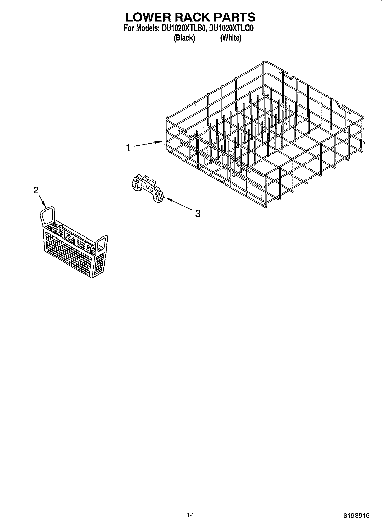 LOWER RACK PARTS Diagram and Parts List for DU1020XTLB0  Whirlpool Dishwasher