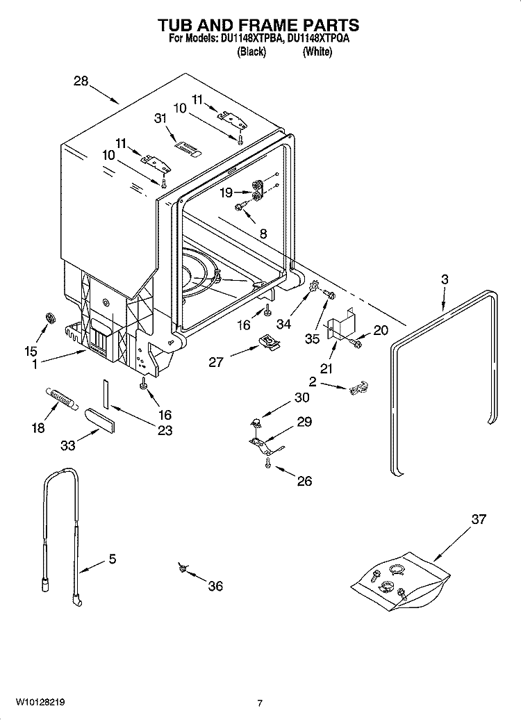 TUB AND FRAME PARTS Diagram and Parts List for DU1148XTPBA  Whirlpool Dishwasher