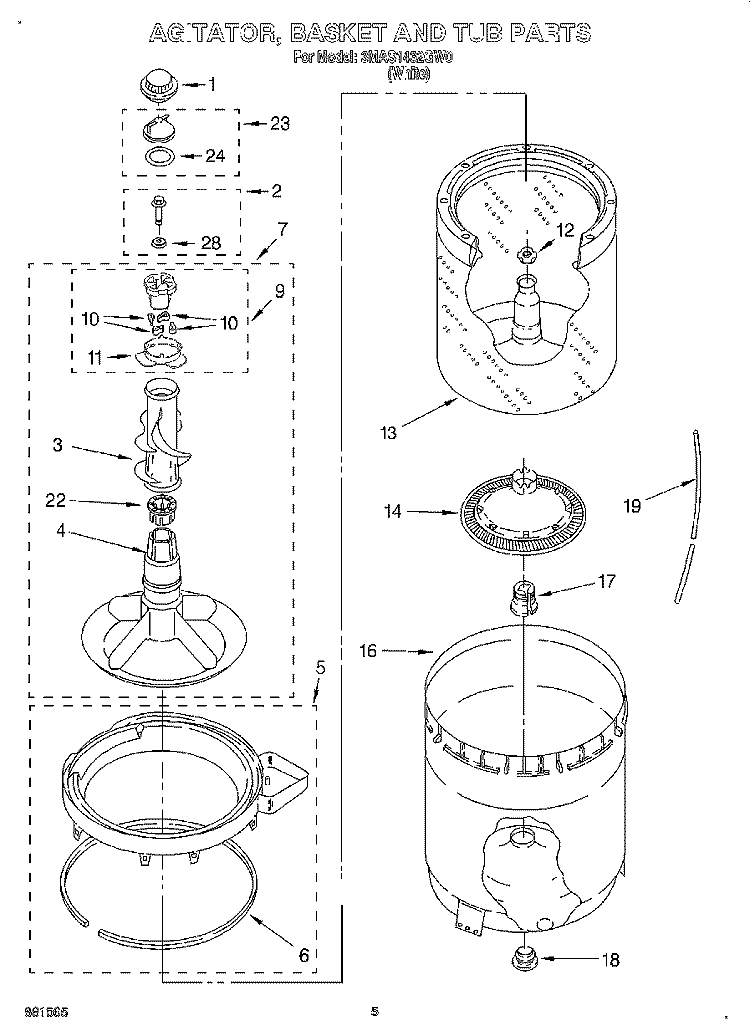 AGITATOR, BASKET AND TUB Diagram and Parts List for 3MAS1432GW0  Whirlpool Washer