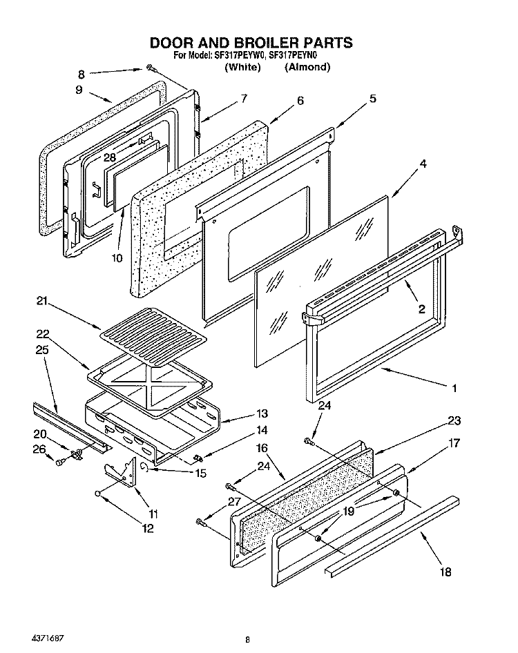 DOOR AND BROILER Diagram and Parts List for SF317PEYW0  Whirlpool Range