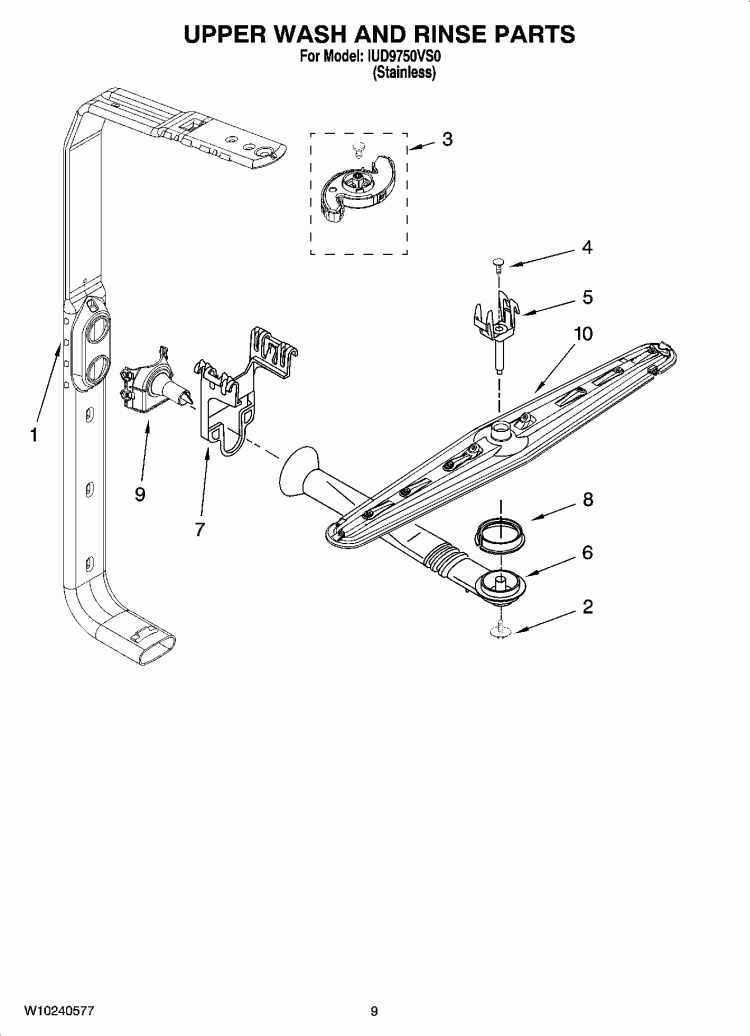 UPPER WASH AND RINSE PARTS Diagram and Parts List for IUD9750VS0  Whirlpool Dishwasher