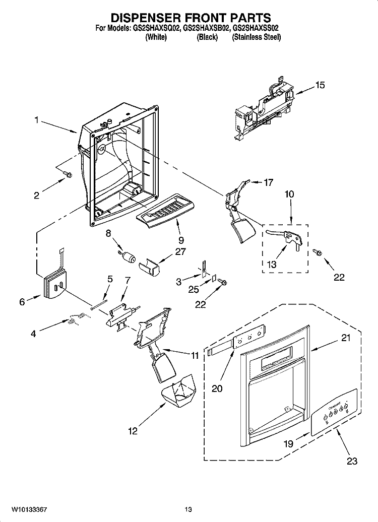 DISPENSER FRONT PARTS Diagram and Parts List for GS2SHAXSQ02  Whirlpool Refrigerator