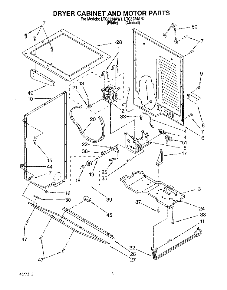 DRYER CABINET AND MOTOR Diagram and Parts List for LTG6234AW1  Whirlpool Washer Dryer Combo