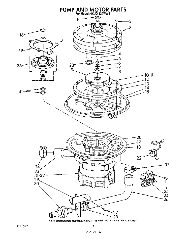 PUMP AND MOTOR Diagram and Parts List for 4KUDI220WW0  KitchenAid Dishwasher