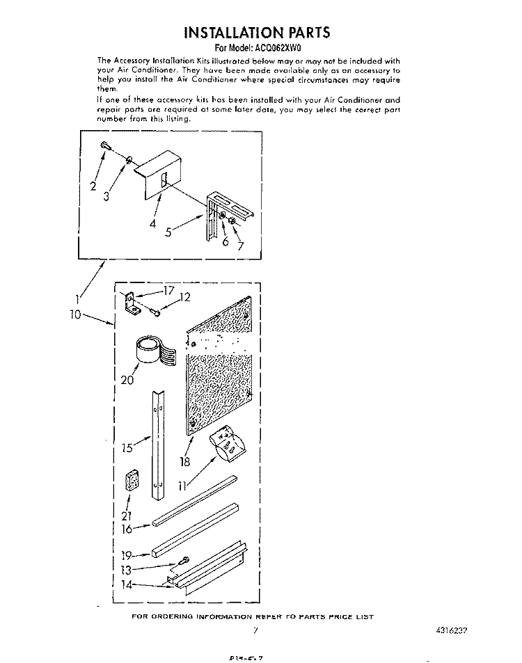 INSTALLATION Diagram and Parts List for ACQ062XW0  Whirlpool Air Conditioner