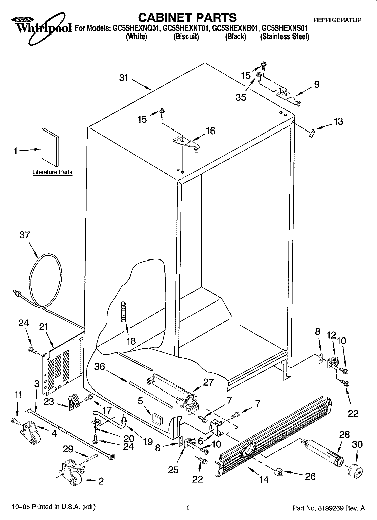 CABINET PARTS Diagram and Parts List for GC5SHEXNS01  Whirlpool Refrigerator
