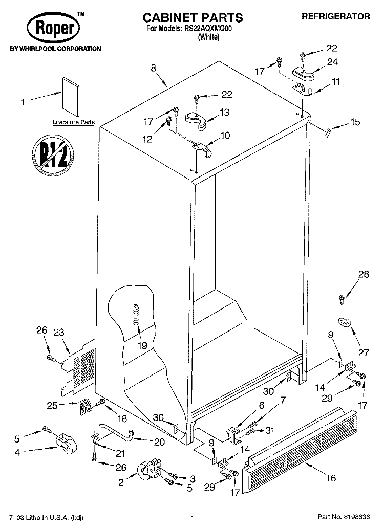 CABINET PARTS Diagram and Parts List for RS22AQXMQ00  Roper Refrigerator