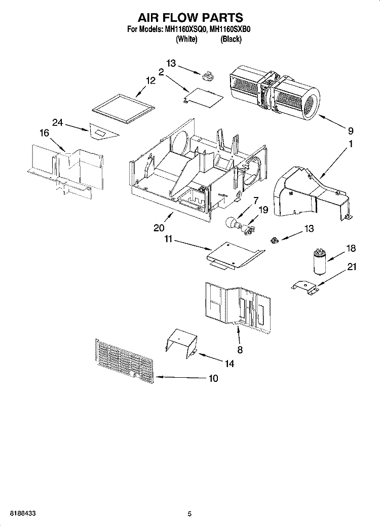 AIR FLOW PARTS Diagram and Parts List for MH1160XSQ0  Whirlpool Microwave