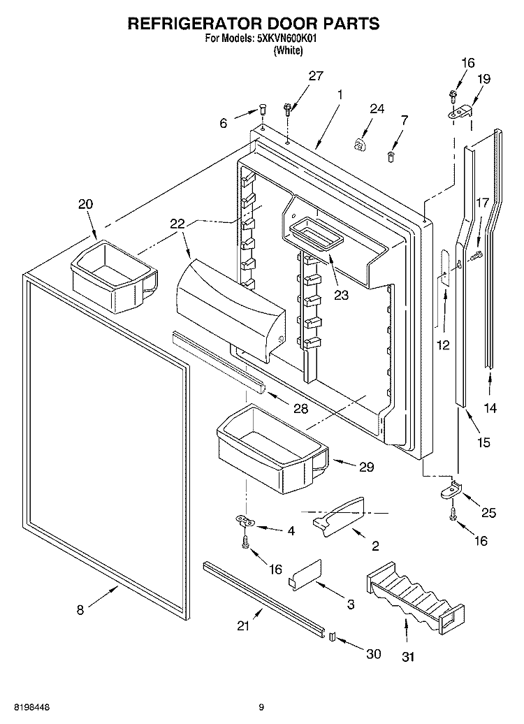REFRIGERATOR DOOR PARTS Diagram and Parts List for 5XKVN600K01  Whirlpool Refrigerator